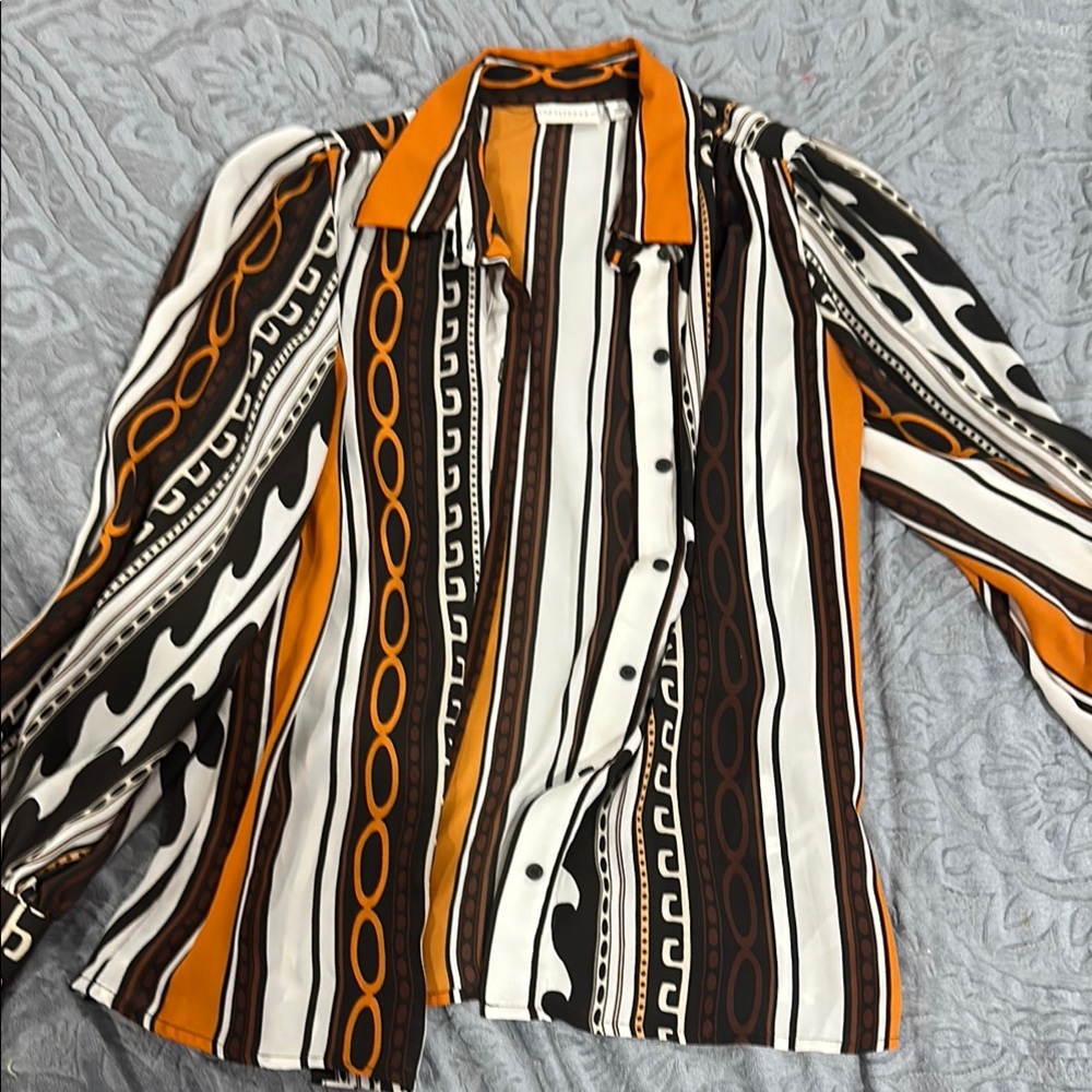 Eva Mendes for New York & Company Bold Striped Shirt in Orange and Brown